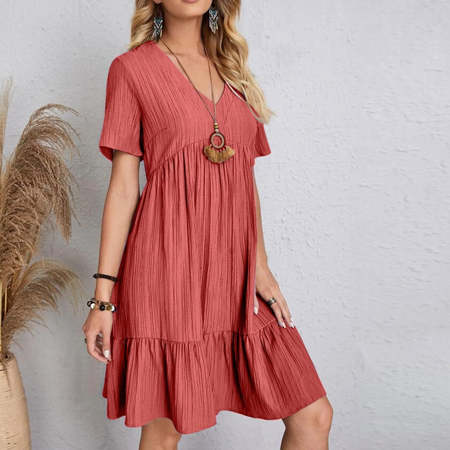 Sundresses for Women 2025 Short Sleeve Elegant Mini Dress Pleated Summer Casual Dresses Flowy V Neck Beach Dress