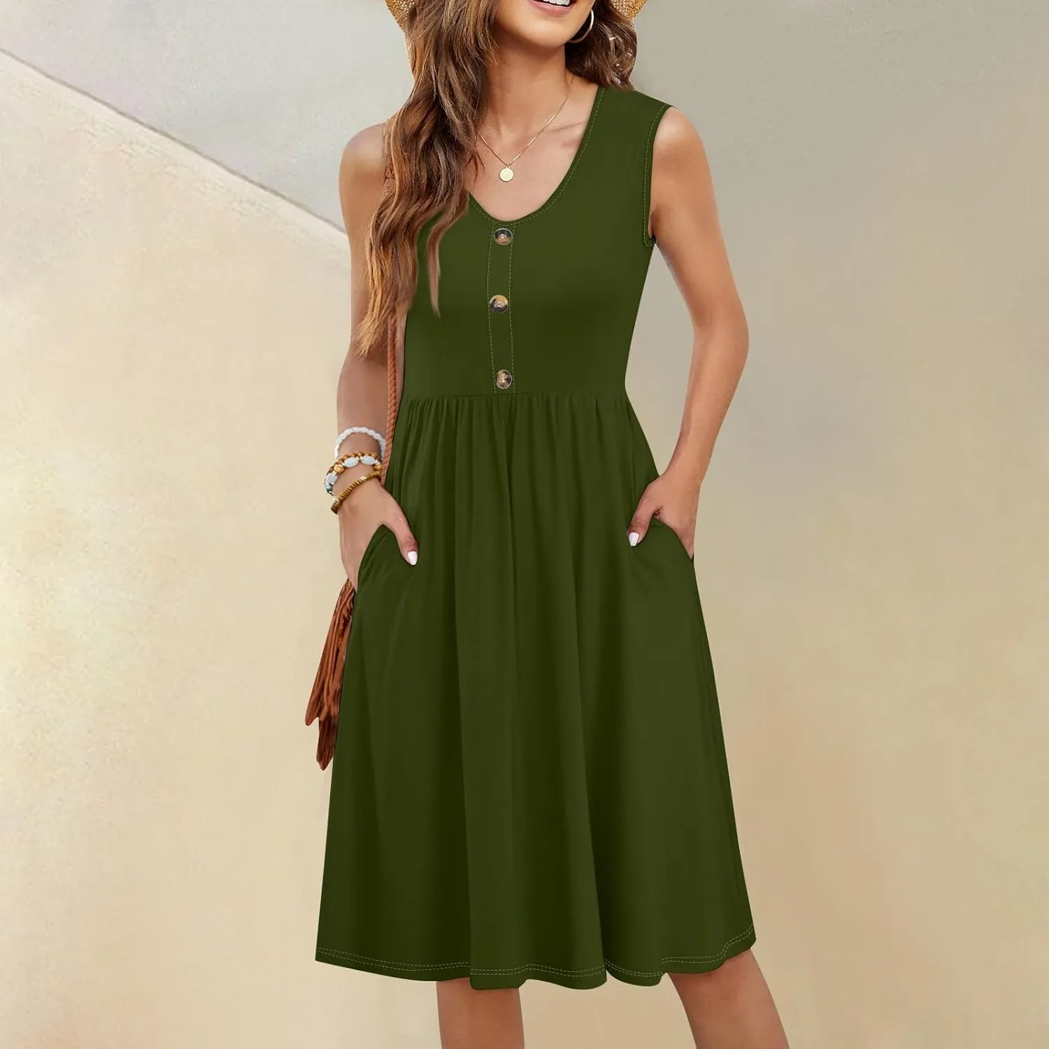 Sundresses for Women 2025 Sleeveless Midi Dress with Pockets V Neck Button Down Summer Dresses for Baech Vacation