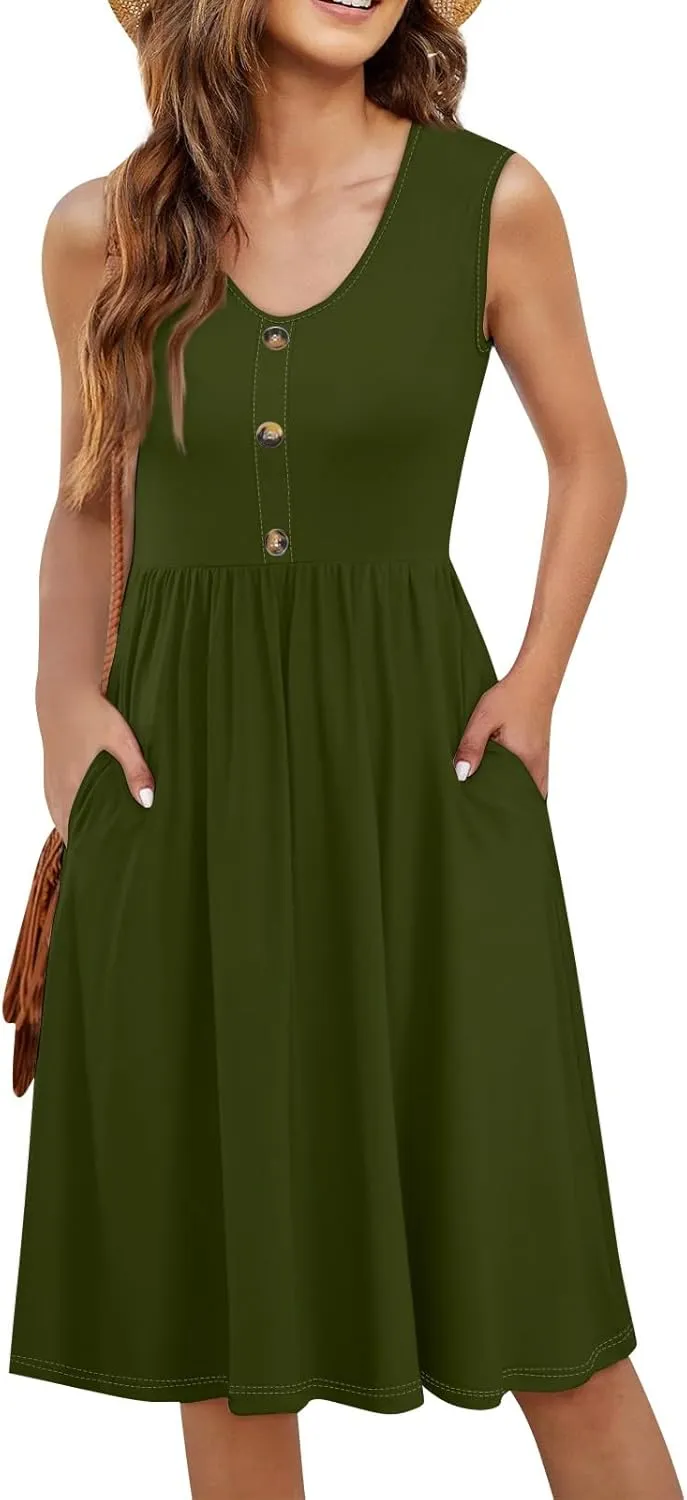 Sundresses for Women 2025 Sleeveless Midi Dress with Pockets V Neck Button Down Summer Dresses for Baech Vacation