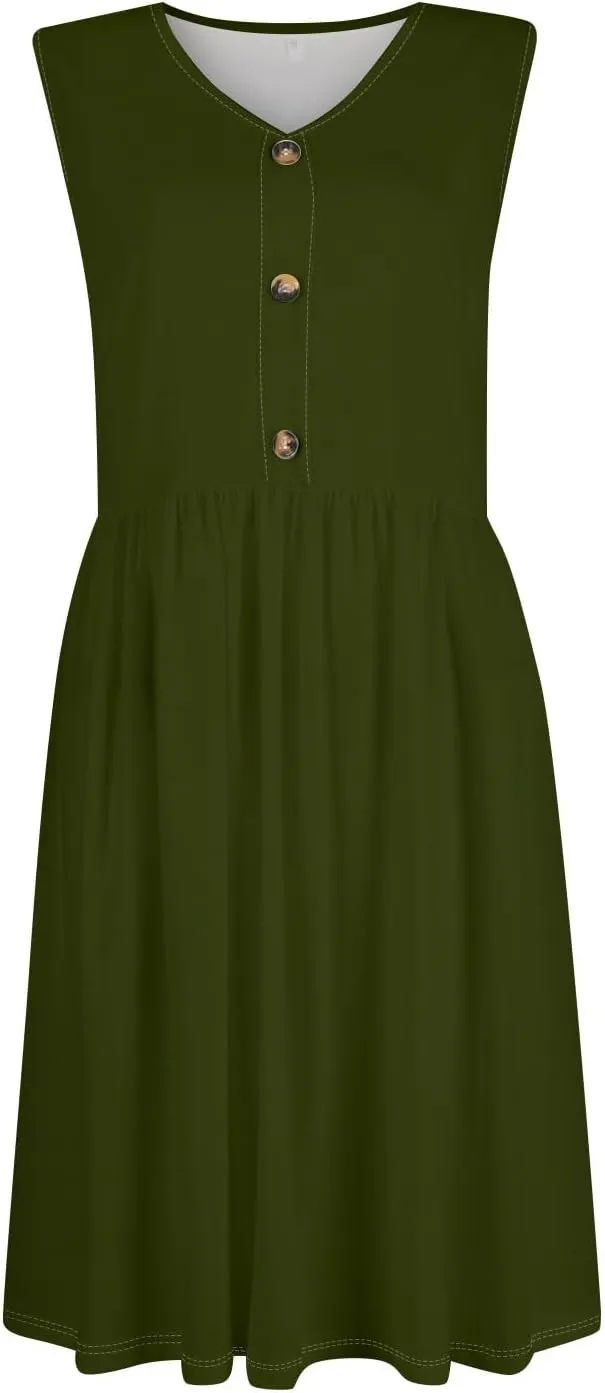 Sundresses for Women 2025 Sleeveless Midi Dress with Pockets V Neck Button Down Summer Dresses for Baech Vacation