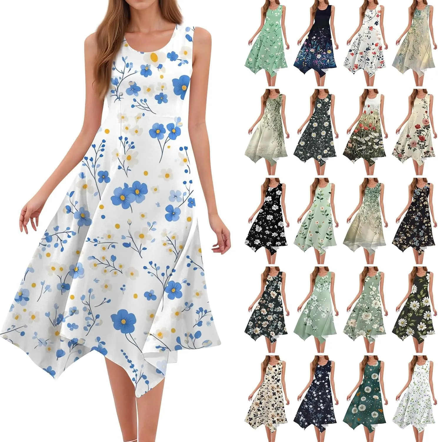 Sundresses for Women Boho Floral Beach Cover Up Midi Dresses Summer Vacation A Line Flowy Swing Sleeveless Dress