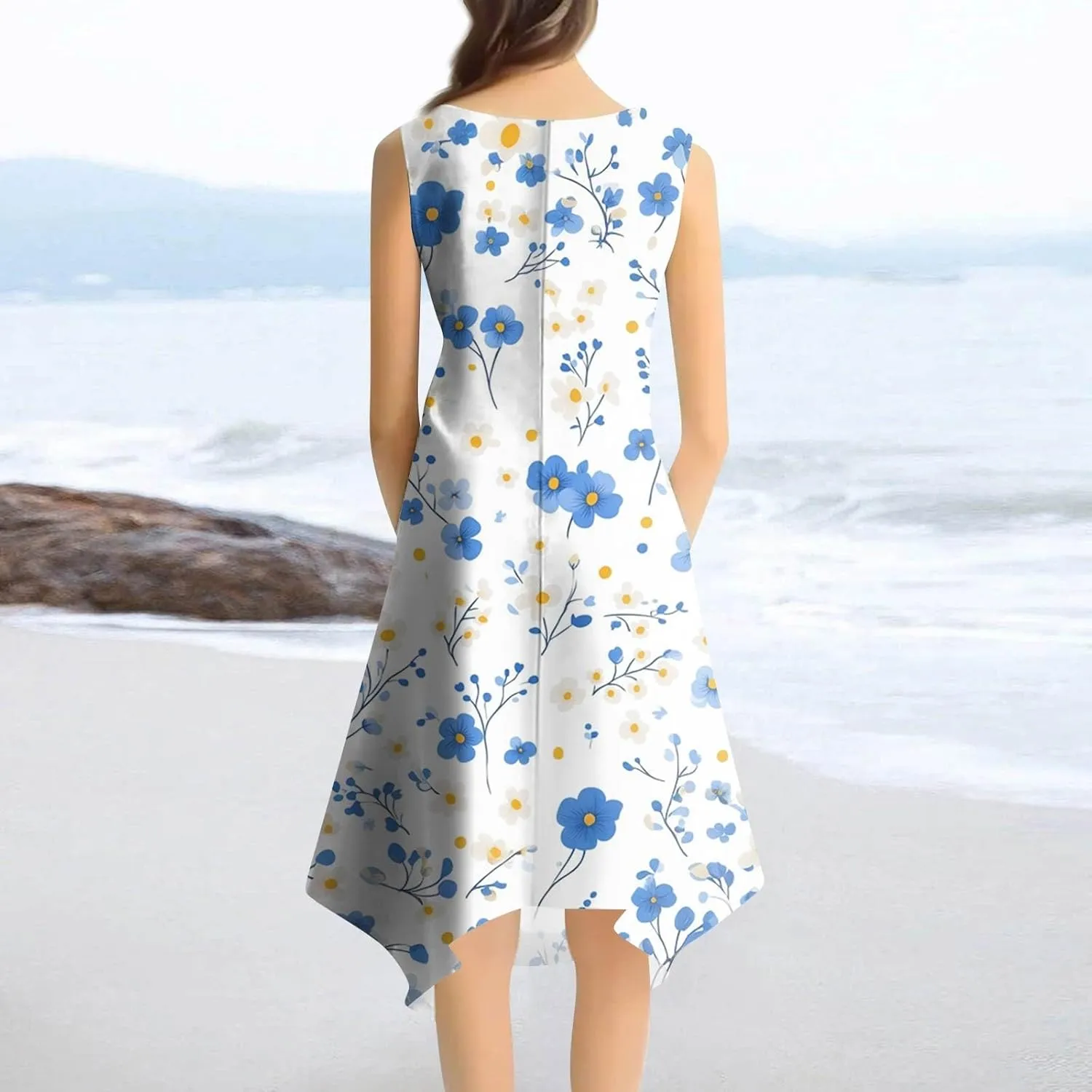 Sundresses for Women Boho Floral Beach Cover Up Midi Dresses Summer Vacation A Line Flowy Swing Sleeveless Dress