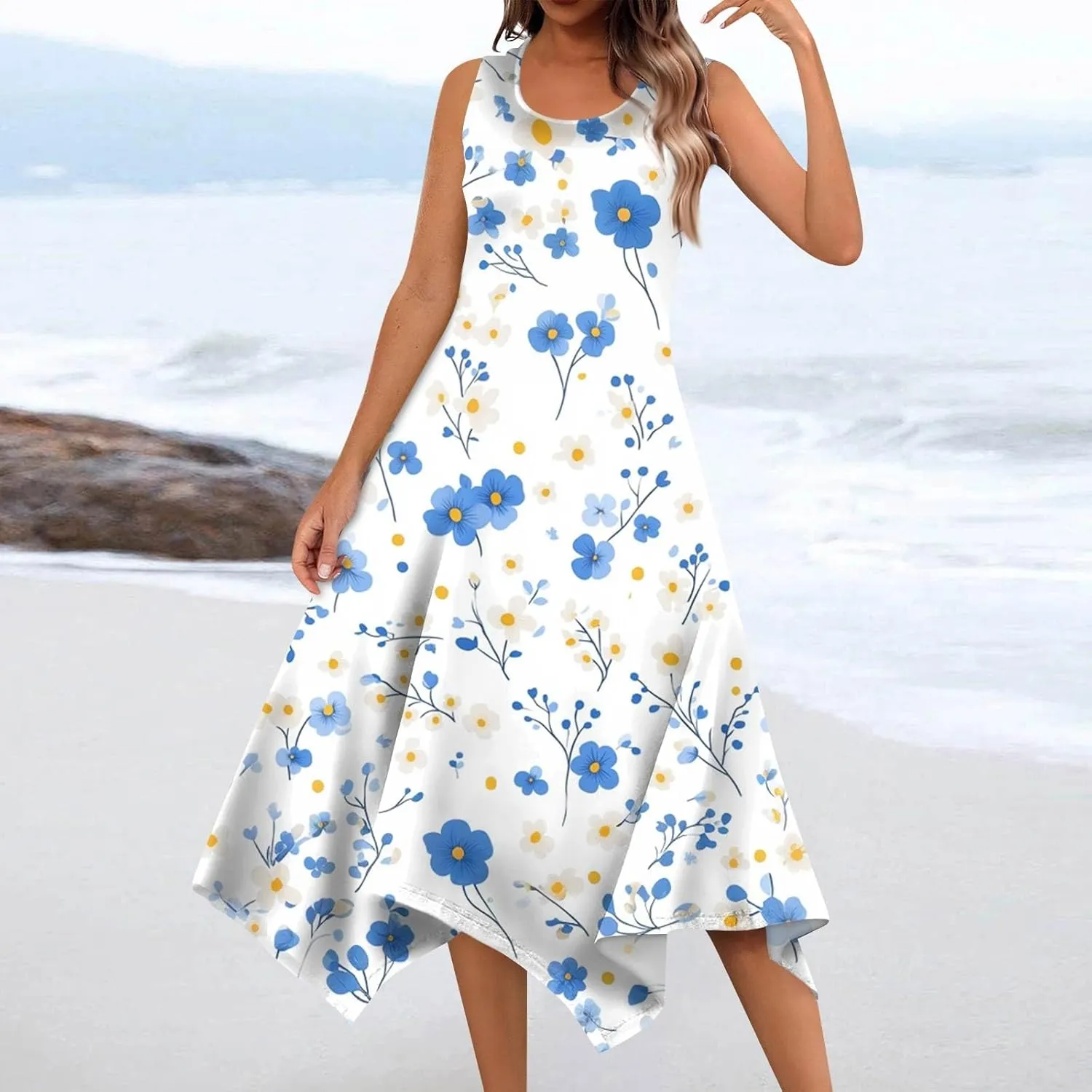 Sundresses for Women Boho Floral Beach Cover Up Midi Dresses Summer Vacation A Line Flowy Swing Sleeveless Dress