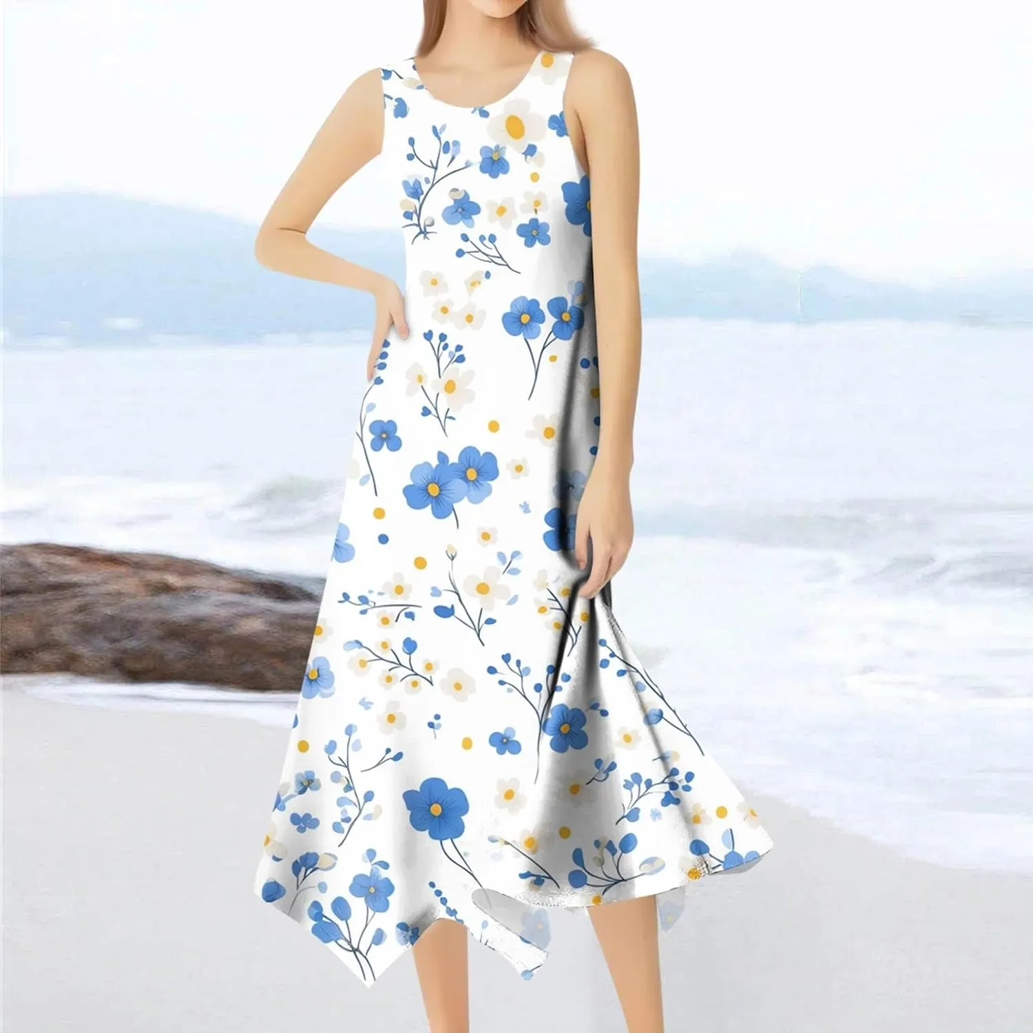 Sundresses for Women Boho Floral Beach Cover Up Midi Dresses Summer Vacation A Line Flowy Swing Sleeveless Dress