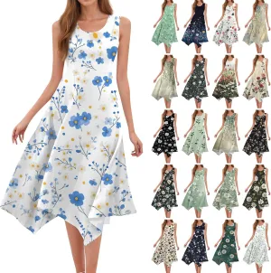 Sundresses for Women Boho Floral Beach Cover Up Midi Dresses Summer Vacation A Line Flowy Swing Sleeveless Dress