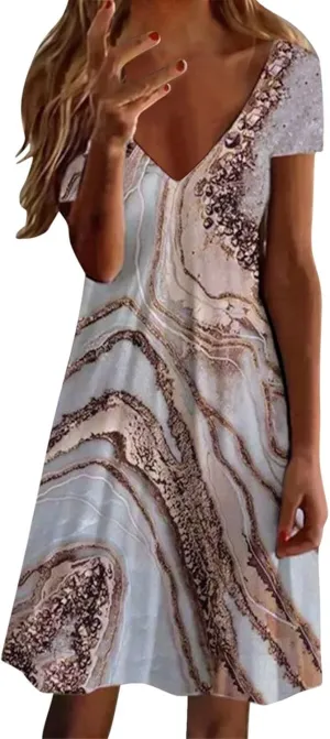 Sundresses for Women Casual Beach Trendy A Line Dress Floral Print V Neck Flowy Boho Mini Dresses Vacation Clothes