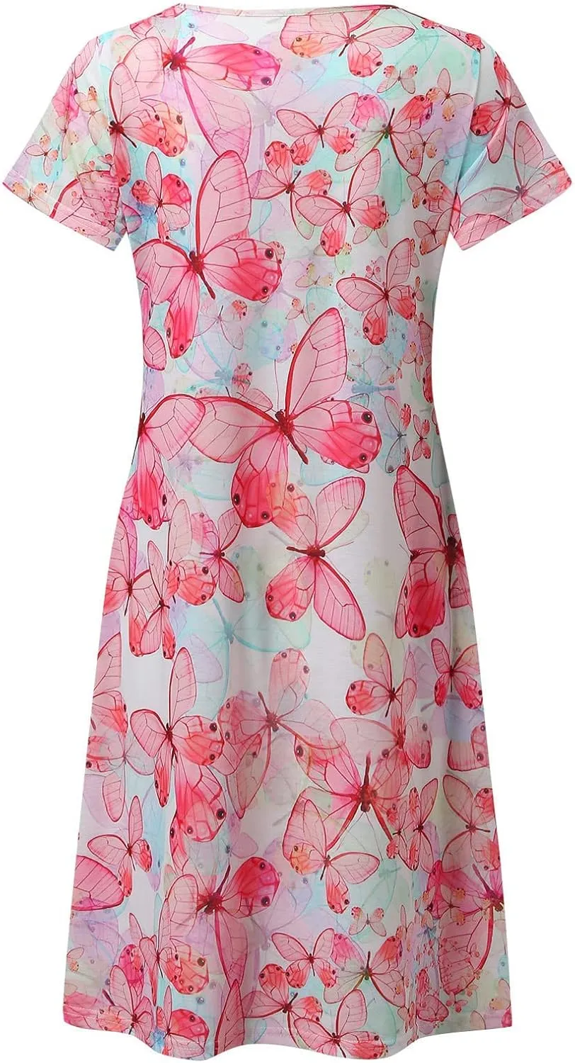 Sundresses for Women Casual Beach Trendy A Line Dress Floral Print V Neck Flowy Boho Mini Dresses Vacation Clothes