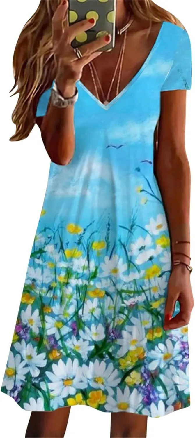 Sundresses for Women Casual Beach Trendy A Line Dress Floral Print V Neck Flowy Boho Mini Dresses Vacation Clothes