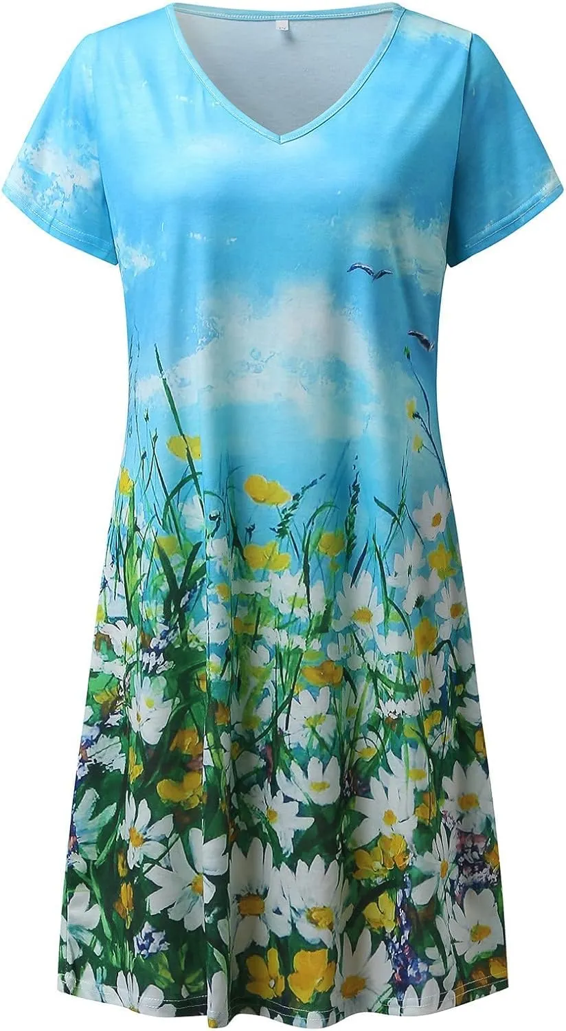 Sundresses for Women Casual Beach Trendy A Line Dress Floral Print V Neck Flowy Boho Mini Dresses Vacation Clothes