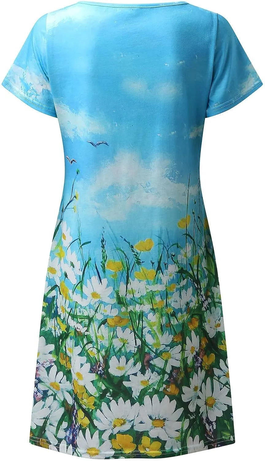 Sundresses for Women Casual Beach Trendy A Line Dress Floral Print V Neck Flowy Boho Mini Dresses Vacation Clothes
