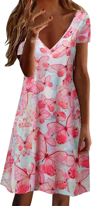 Sundresses for Women Casual Beach Trendy A Line Dress Floral Print V Neck Flowy Boho Mini Dresses Vacation Clothes