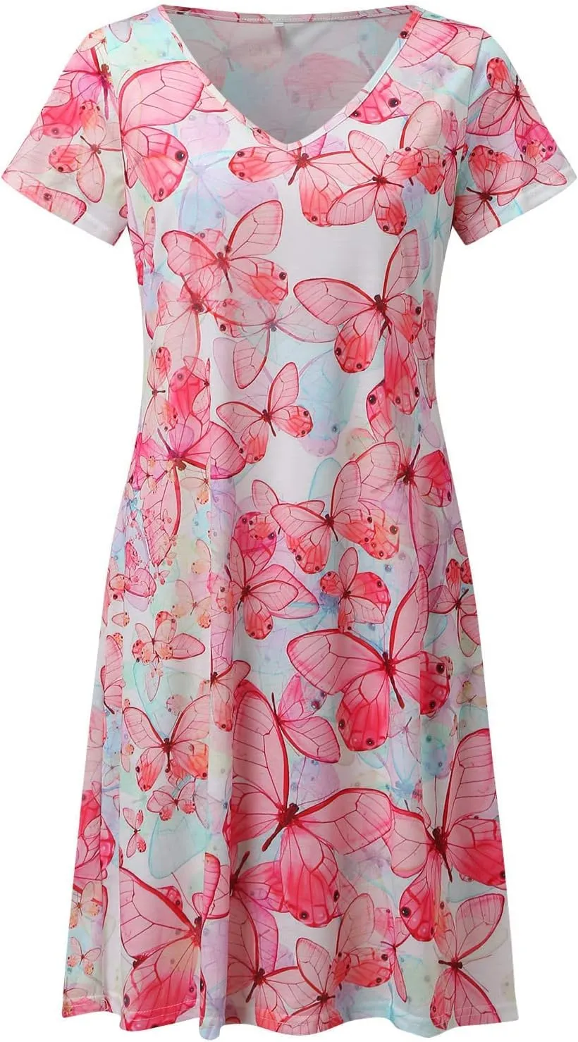 Sundresses for Women Casual Beach Trendy A Line Dress Floral Print V Neck Flowy Boho Mini Dresses Vacation Clothes