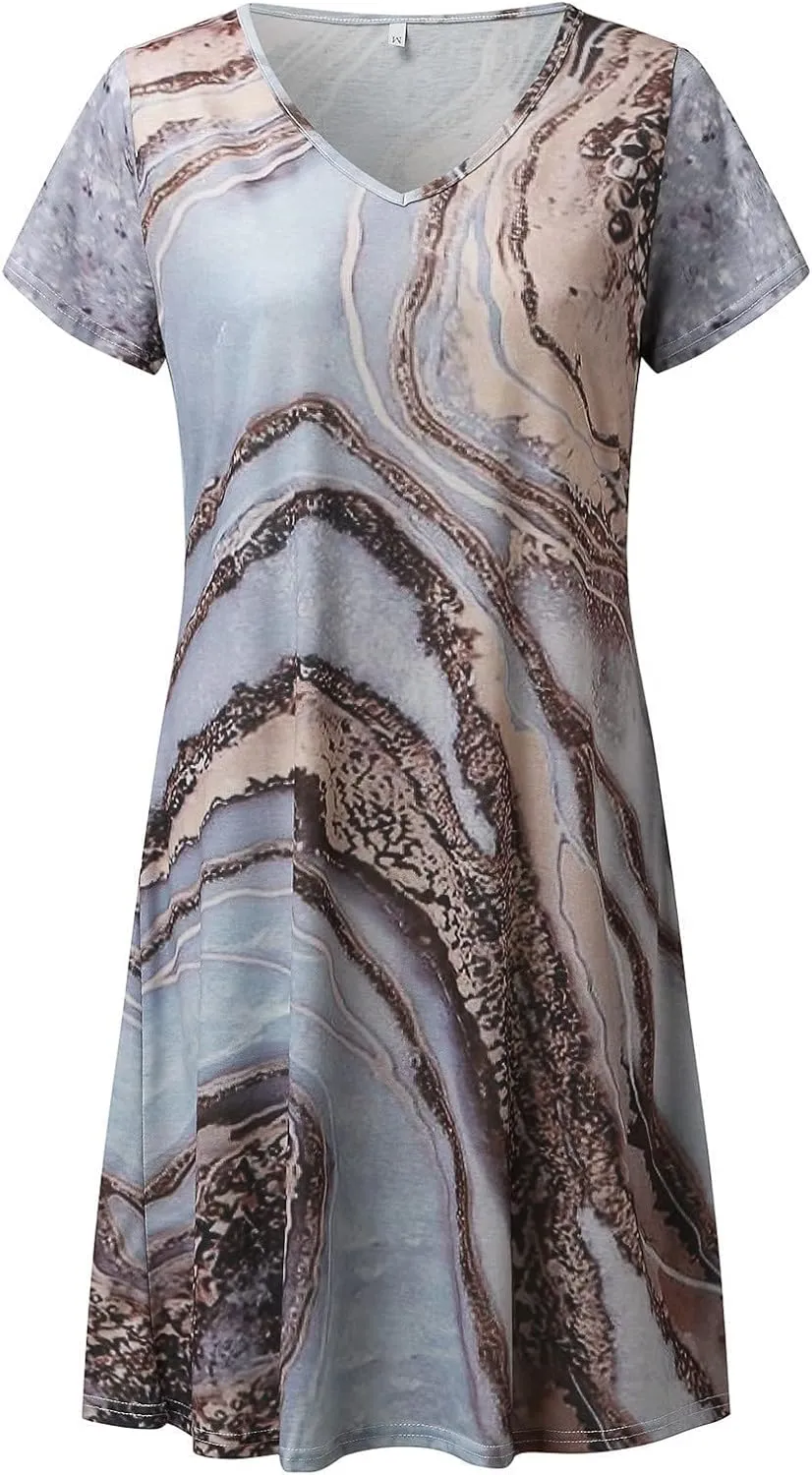 Sundresses for Women Casual Beach Trendy A Line Dress Floral Print V Neck Flowy Boho Mini Dresses Vacation Clothes
