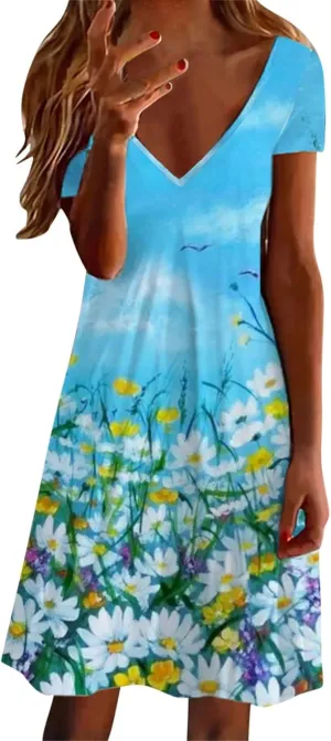 Sundresses for Women Casual Beach Trendy A Line Dress Floral Print V Neck Flowy Boho Mini Dresses Vacation Clothes