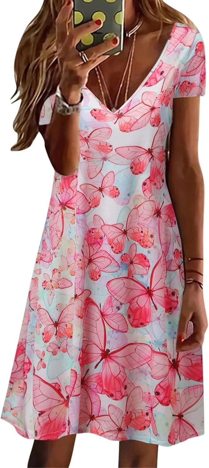 Sundresses for Women Casual Beach Trendy A Line Dress Floral Print V Neck Flowy Boho Mini Dresses Vacation Clothes