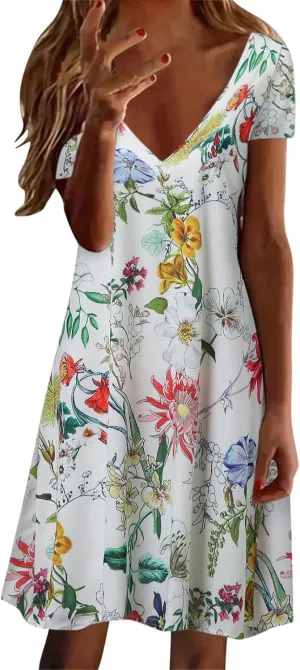 Sundresses for Women Casual Beach Trendy A Line Dress Floral Print V Neck Flowy Boho Mini Dresses Vacation Clothes