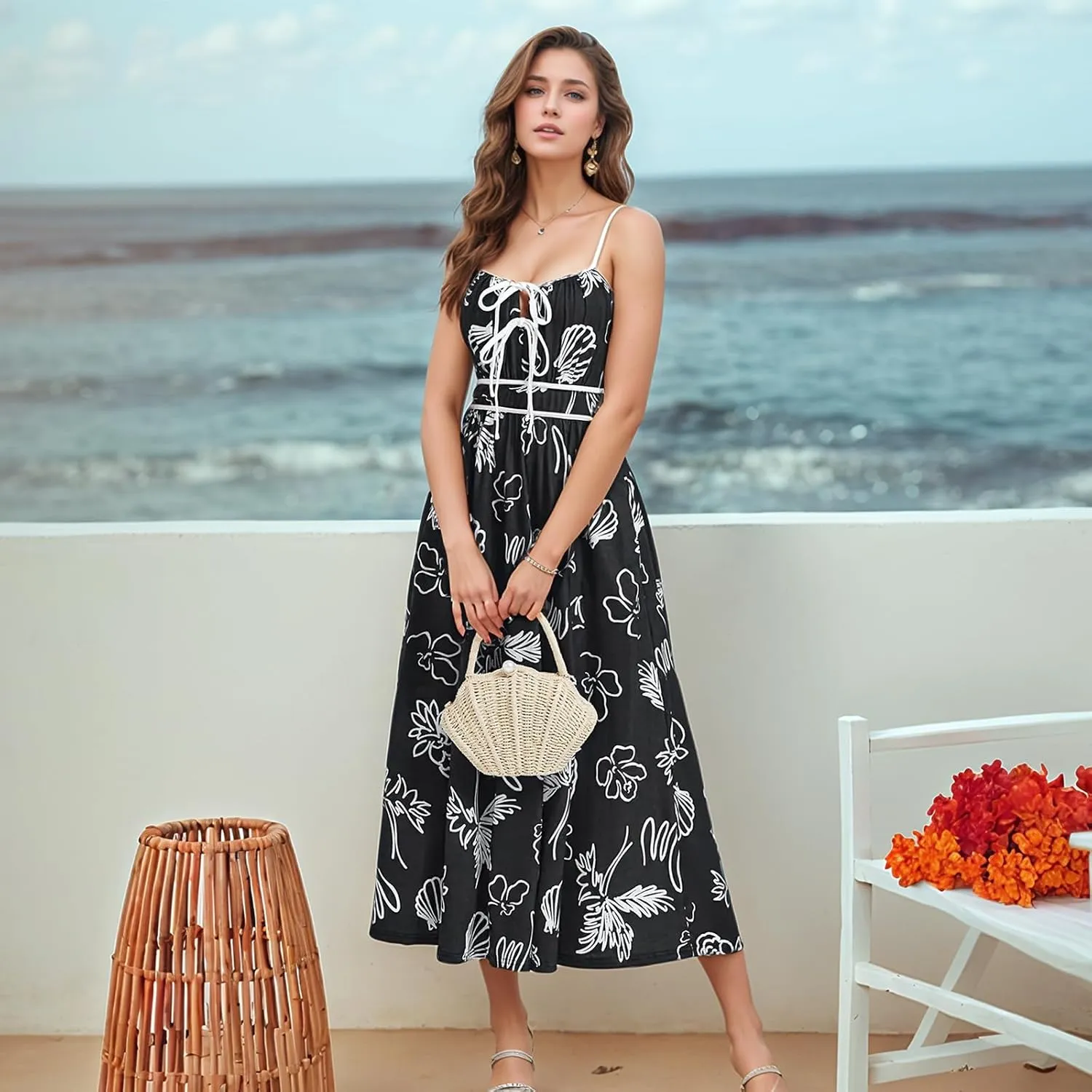 Sundresses for Women Summer Casual Sleeveless Floral Maxi Dresses Lace Up Corset Dress Boho Flowy Beach Dresses