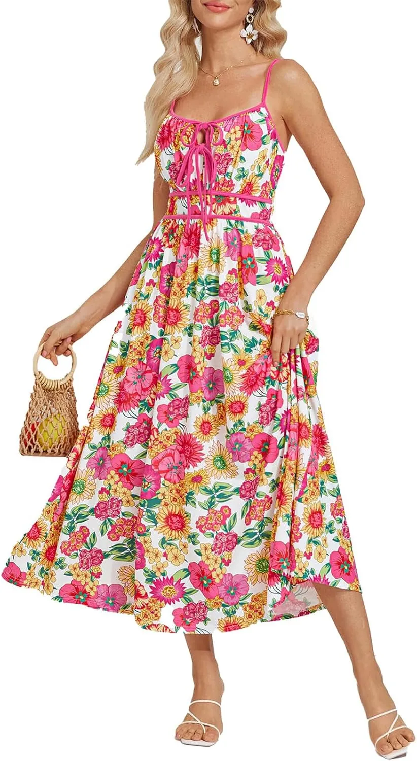 Sundresses for Women Summer Casual Sleeveless Floral Maxi Dresses Lace Up Corset Dress Boho Flowy Beach Dresses