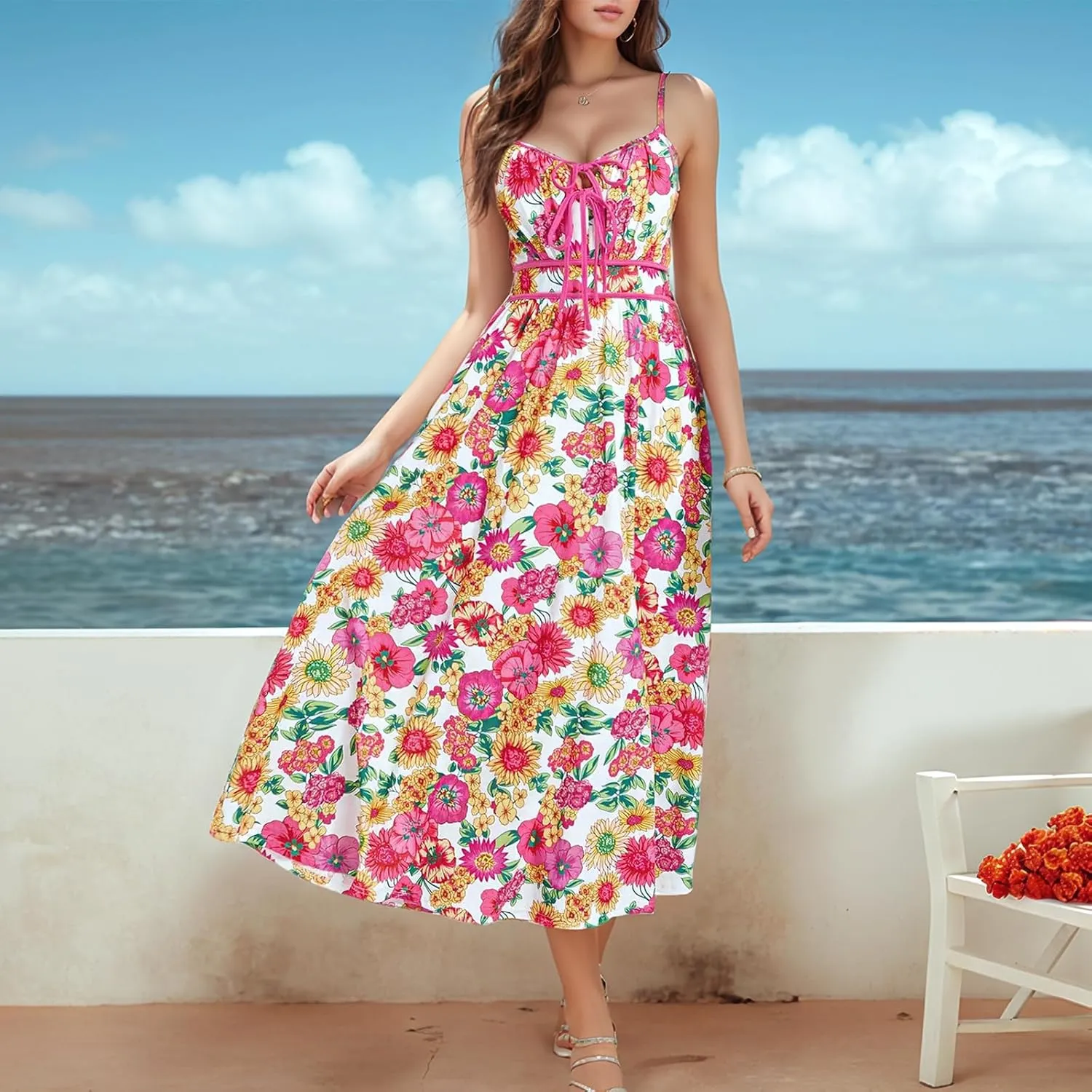 Sundresses for Women Summer Casual Sleeveless Floral Maxi Dresses Lace Up Corset Dress Boho Flowy Beach Dresses