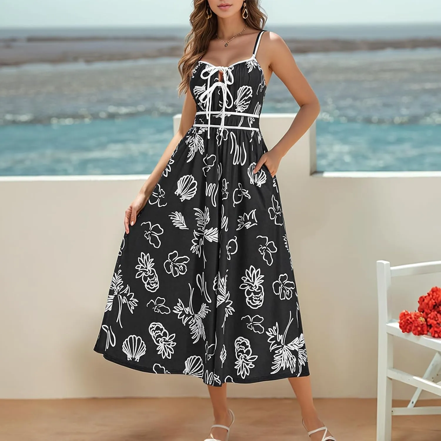 Sundresses for Women Summer Casual Sleeveless Floral Maxi Dresses Lace Up Corset Dress Boho Flowy Beach Dresses