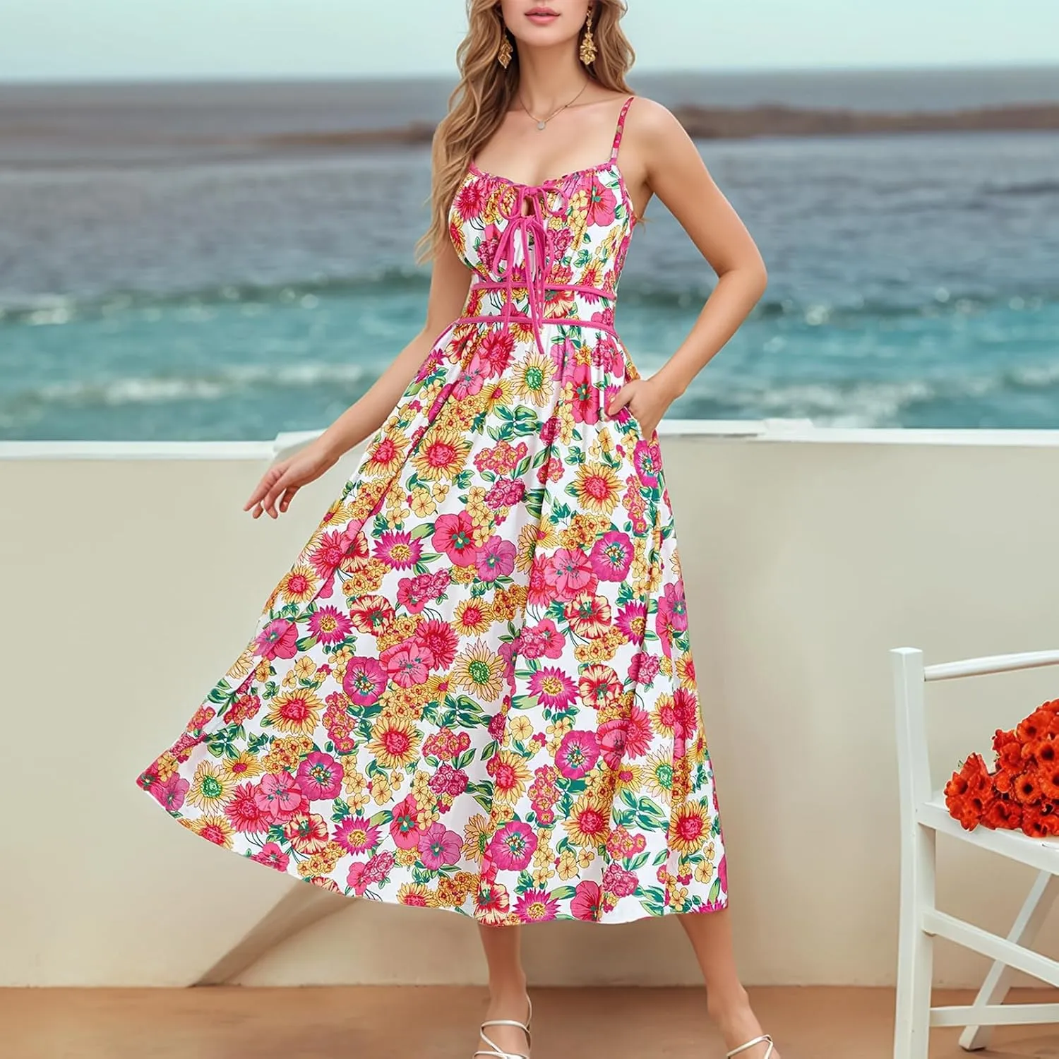 Sundresses for Women Summer Casual Sleeveless Floral Maxi Dresses Lace Up Corset Dress Boho Flowy Beach Dresses