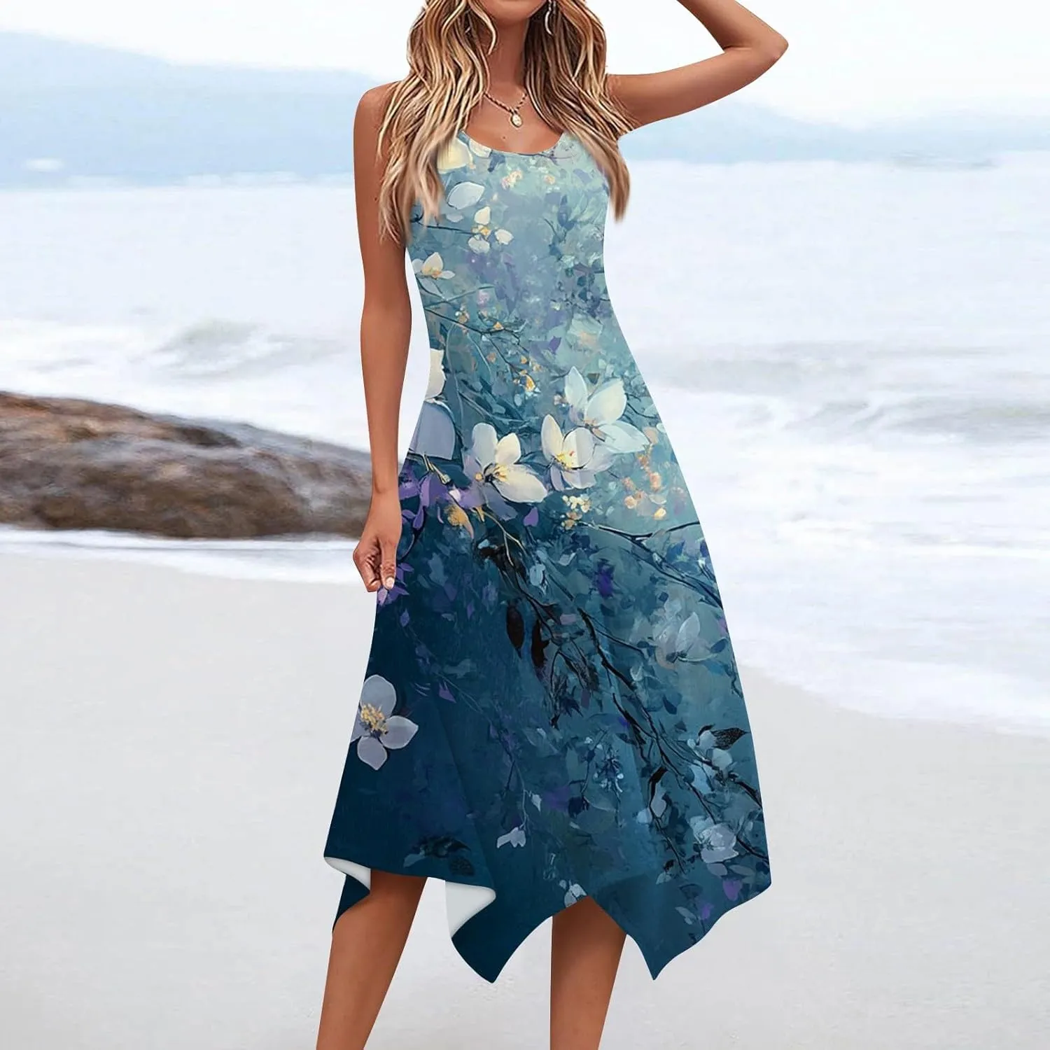 Sundresses for Women Summer Floral Sleeveless Tank Dress Flowy Swing Beach Vacation Garden Party Knee Length Dress