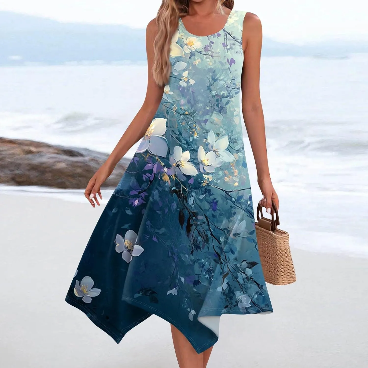 Sundresses for Women Summer Floral Sleeveless Tank Dress Flowy Swing Beach Vacation Garden Party Knee Length Dress