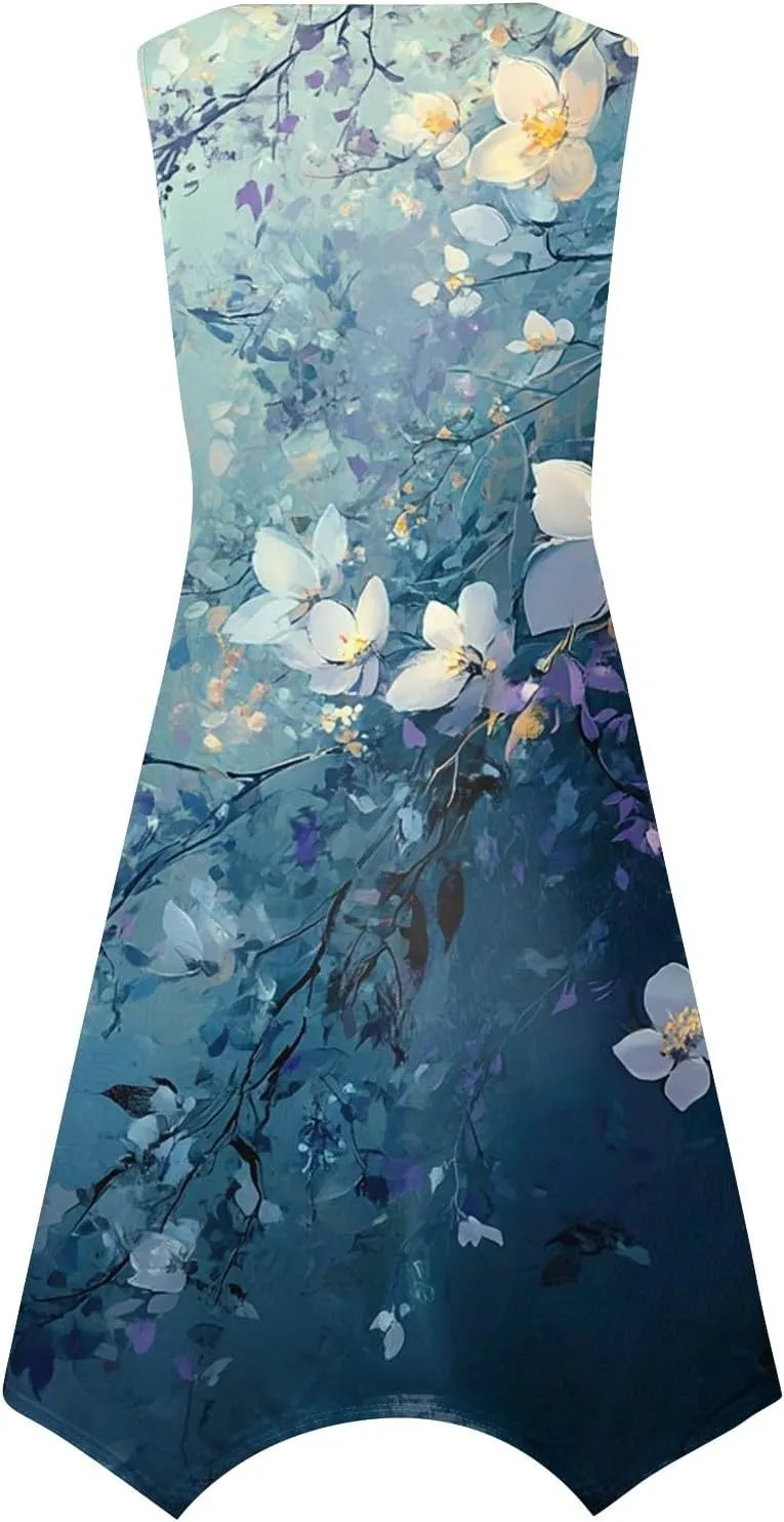 Sundresses for Women Summer Floral Sleeveless Tank Dress Flowy Swing Beach Vacation Garden Party Knee Length Dress
