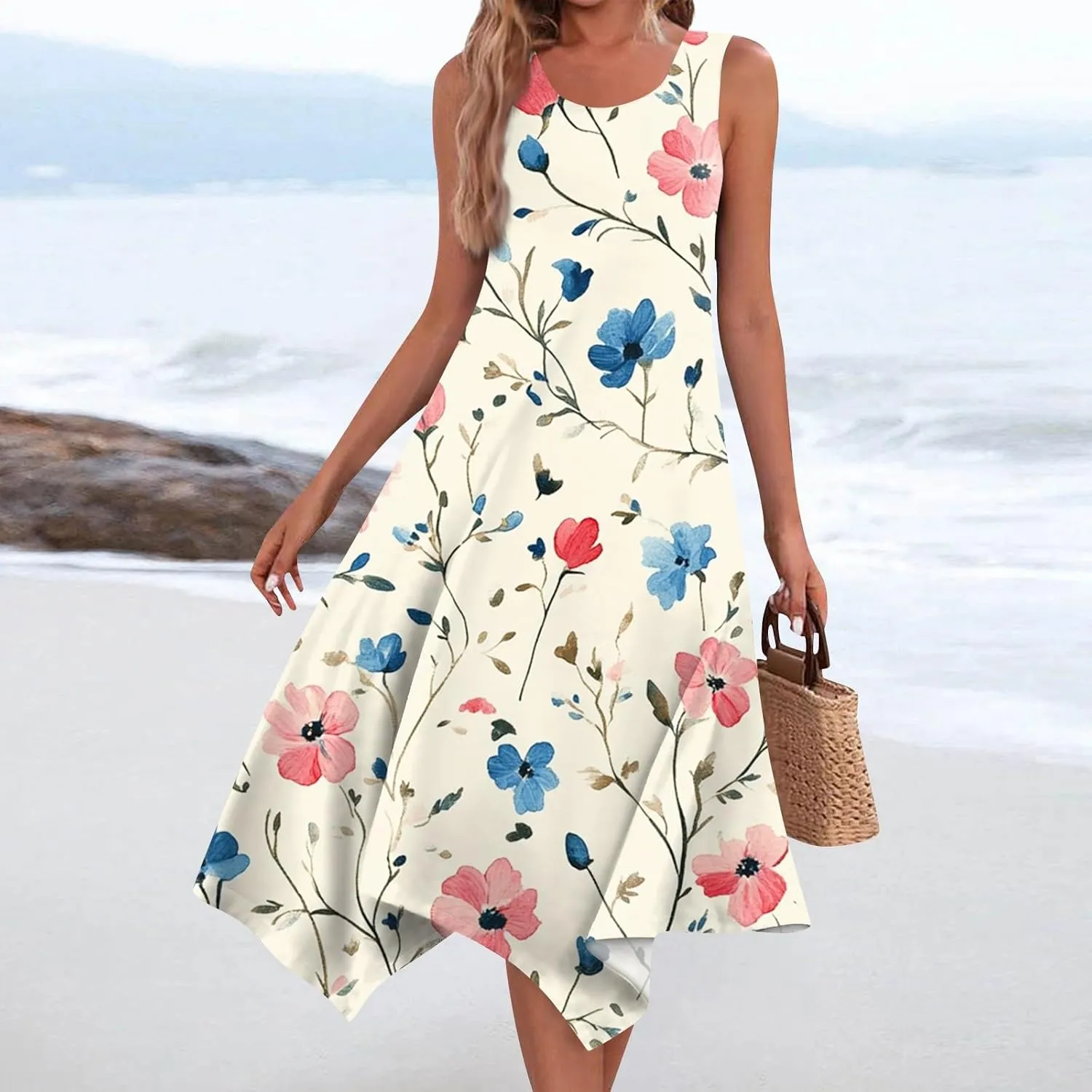 Sundresses for Women Summer Floral Sleeveless Tank Dress Flowy Swing Beach Vacation Garden Party Knee Length Dress