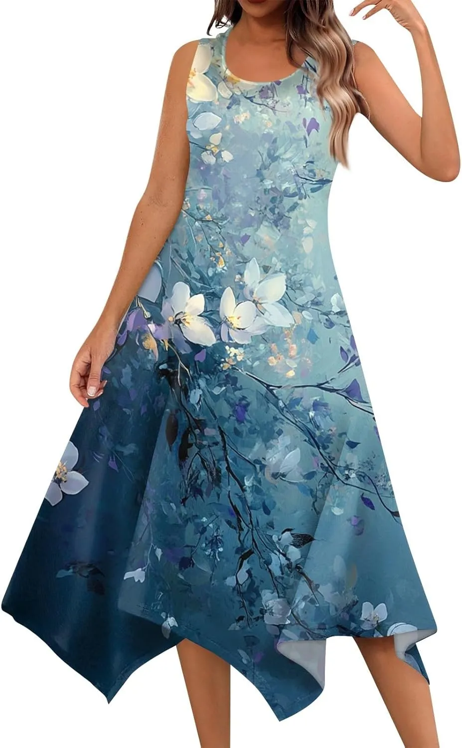 Sundresses for Women Summer Floral Sleeveless Tank Dress Flowy Swing Beach Vacation Garden Party Knee Length Dress