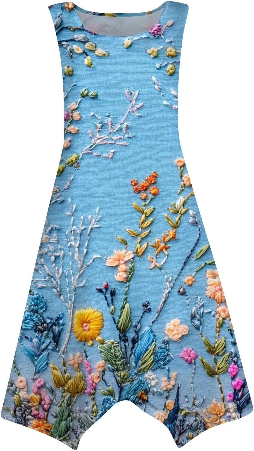 Sundresses for Women Summer Floral Sleeveless Tank Dress Flowy Swing Beach Vacation Garden Party Knee Length Dress