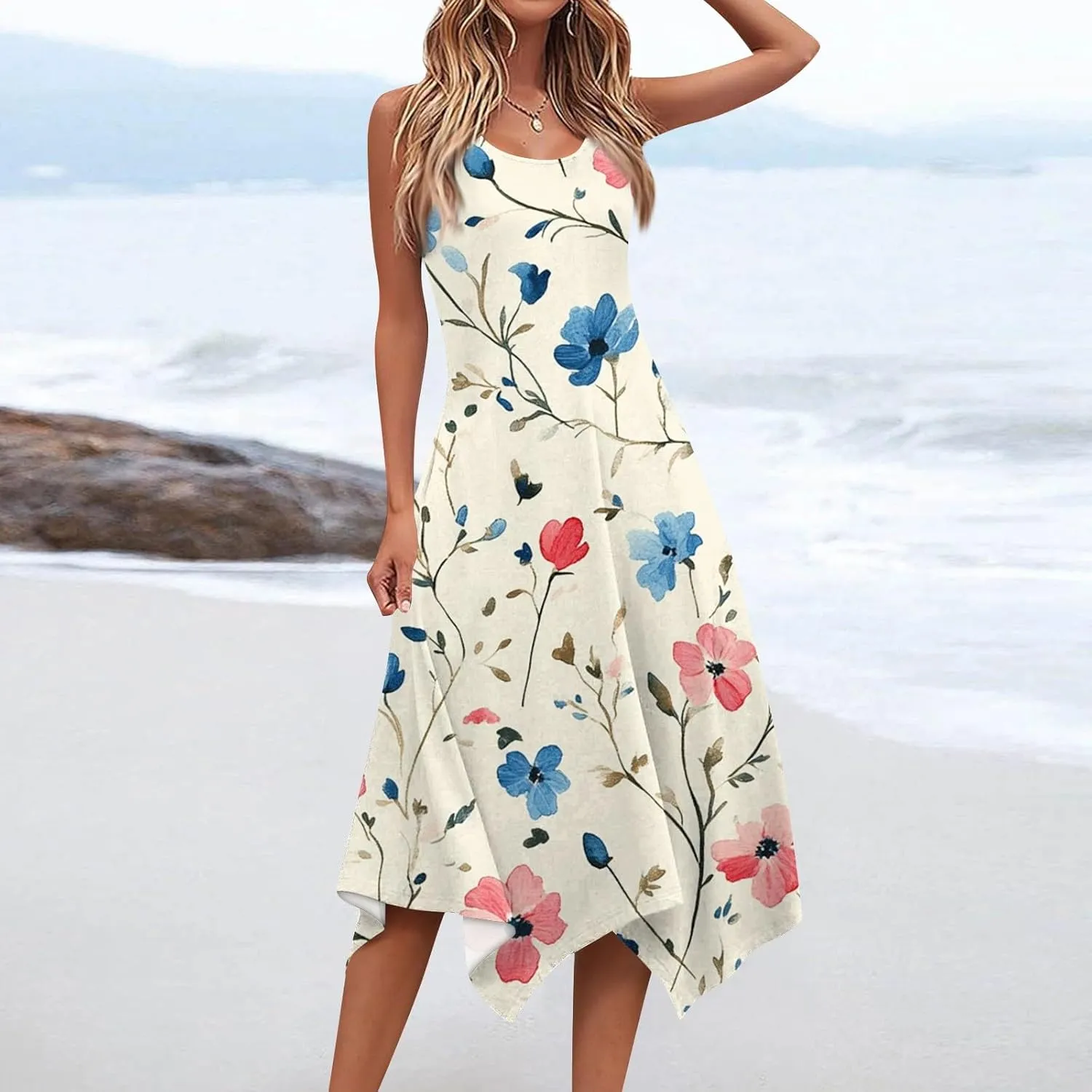 Sundresses for Women Summer Floral Sleeveless Tank Dress Flowy Swing Beach Vacation Garden Party Knee Length Dress