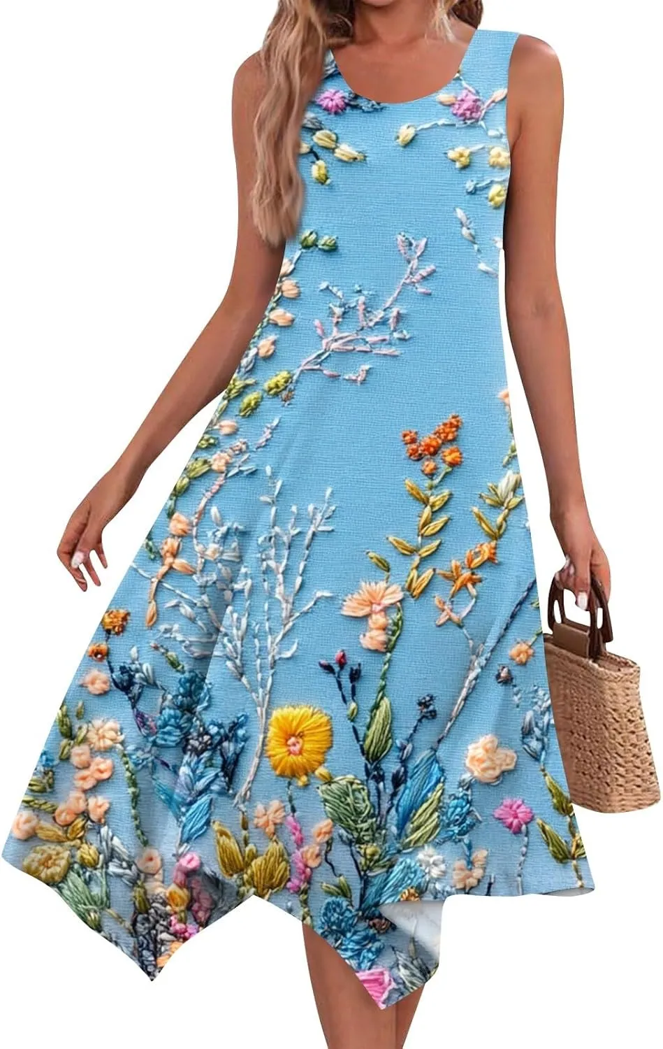 Sundresses for Women Summer Floral Sleeveless Tank Dress Flowy Swing Beach Vacation Garden Party Knee Length Dress