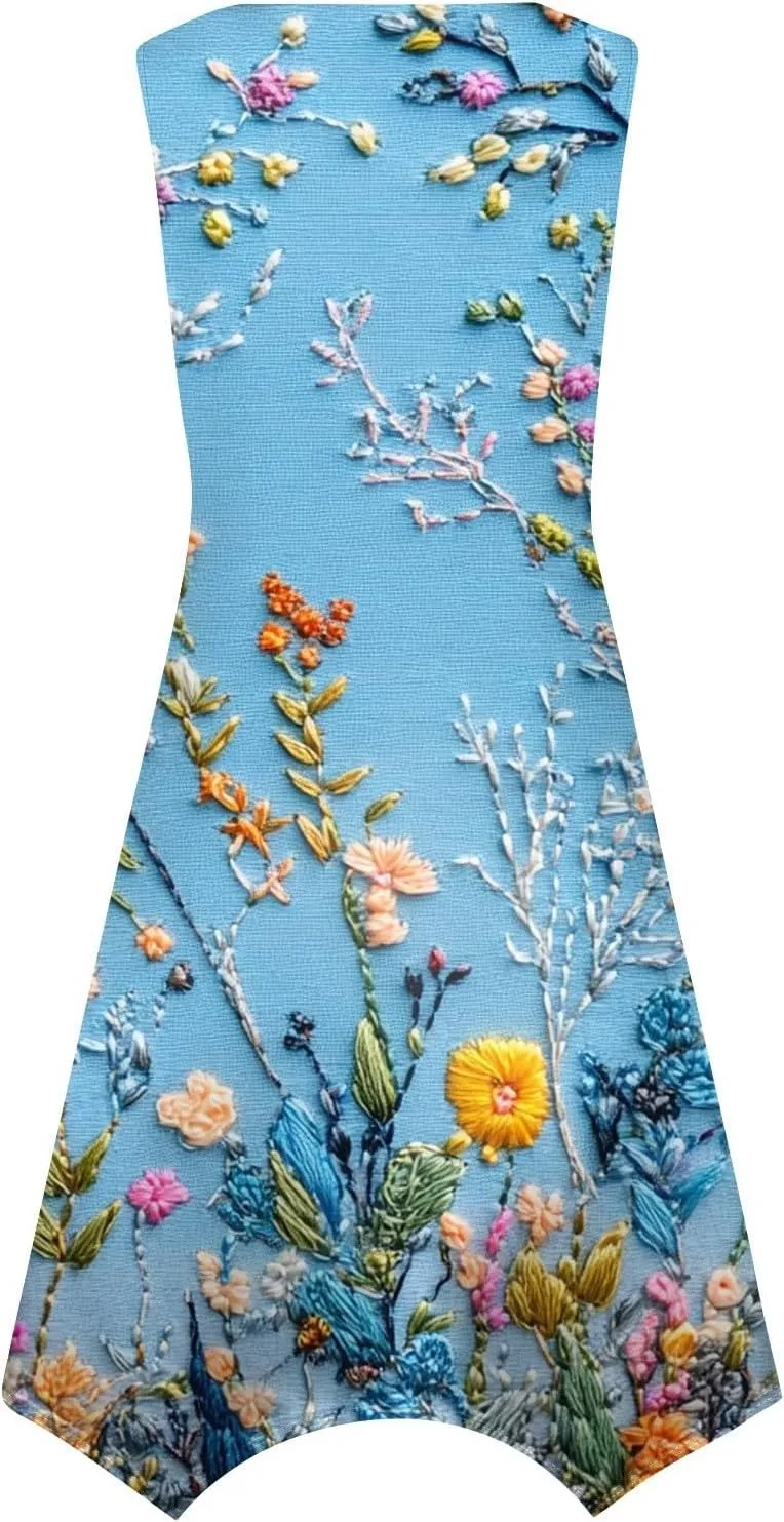 Sundresses for Women Summer Floral Sleeveless Tank Dress Flowy Swing Beach Vacation Garden Party Knee Length Dress