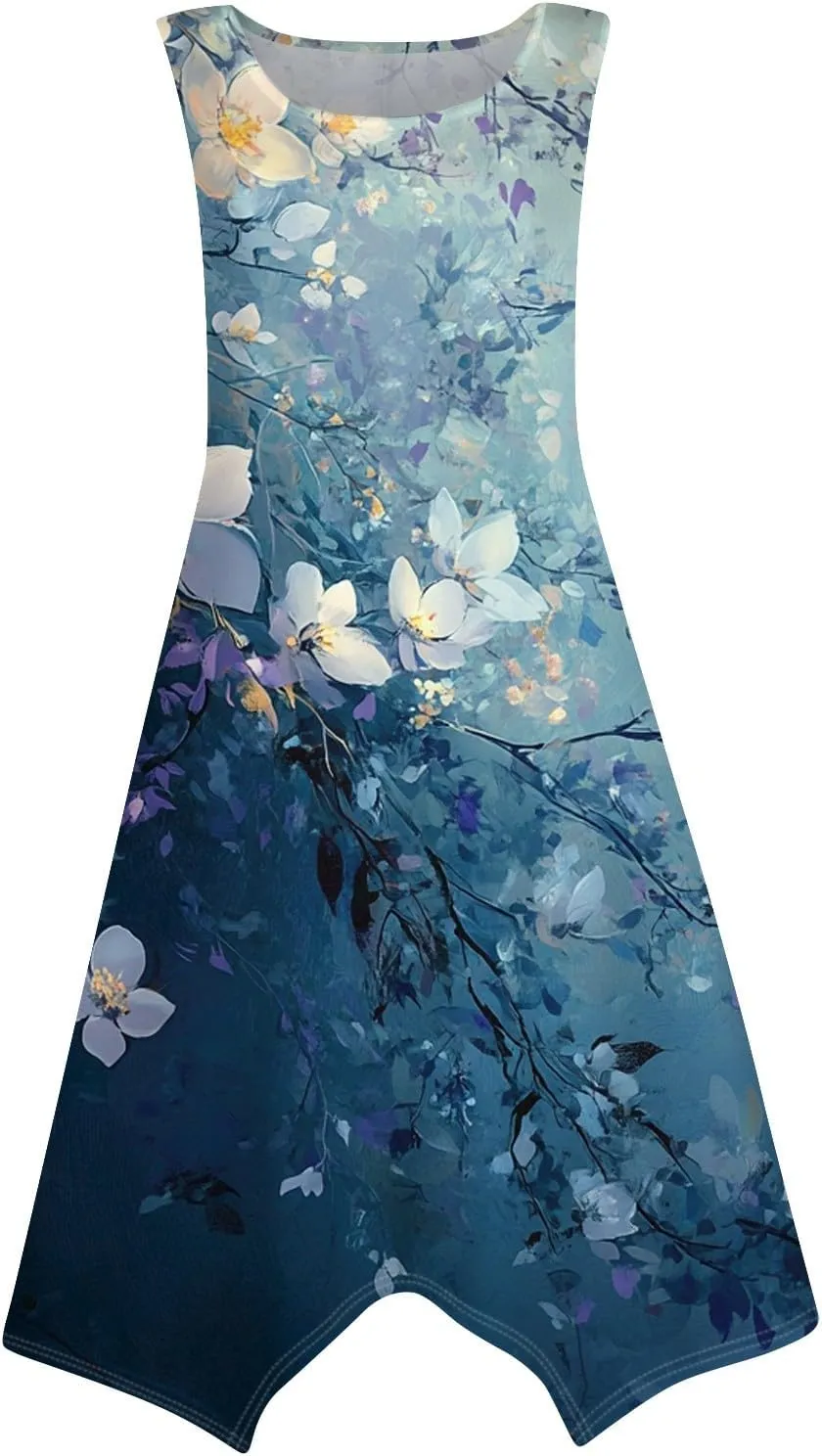 Sundresses for Women Summer Floral Sleeveless Tank Dress Flowy Swing Beach Vacation Garden Party Knee Length Dress