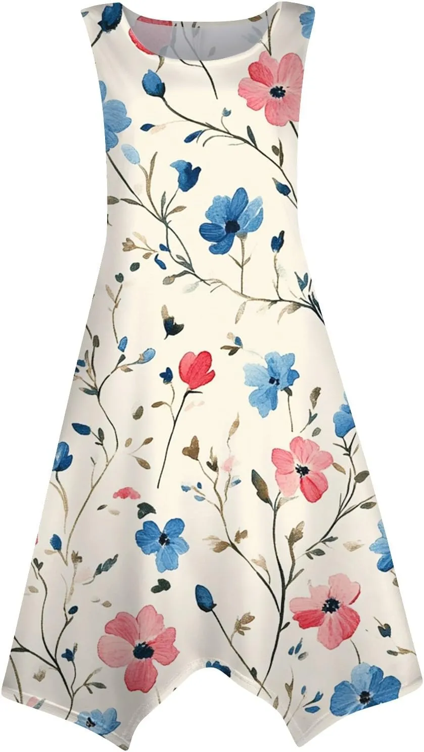 Sundresses for Women Summer Floral Sleeveless Tank Dress Flowy Swing Beach Vacation Garden Party Knee Length Dress