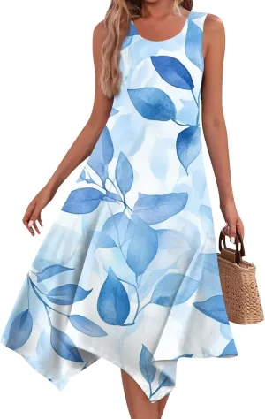 Sundresses for Women Summer Floral Sleeveless Tank Dress Flowy Swing Beach Vacation Garden Party Knee Length Dress