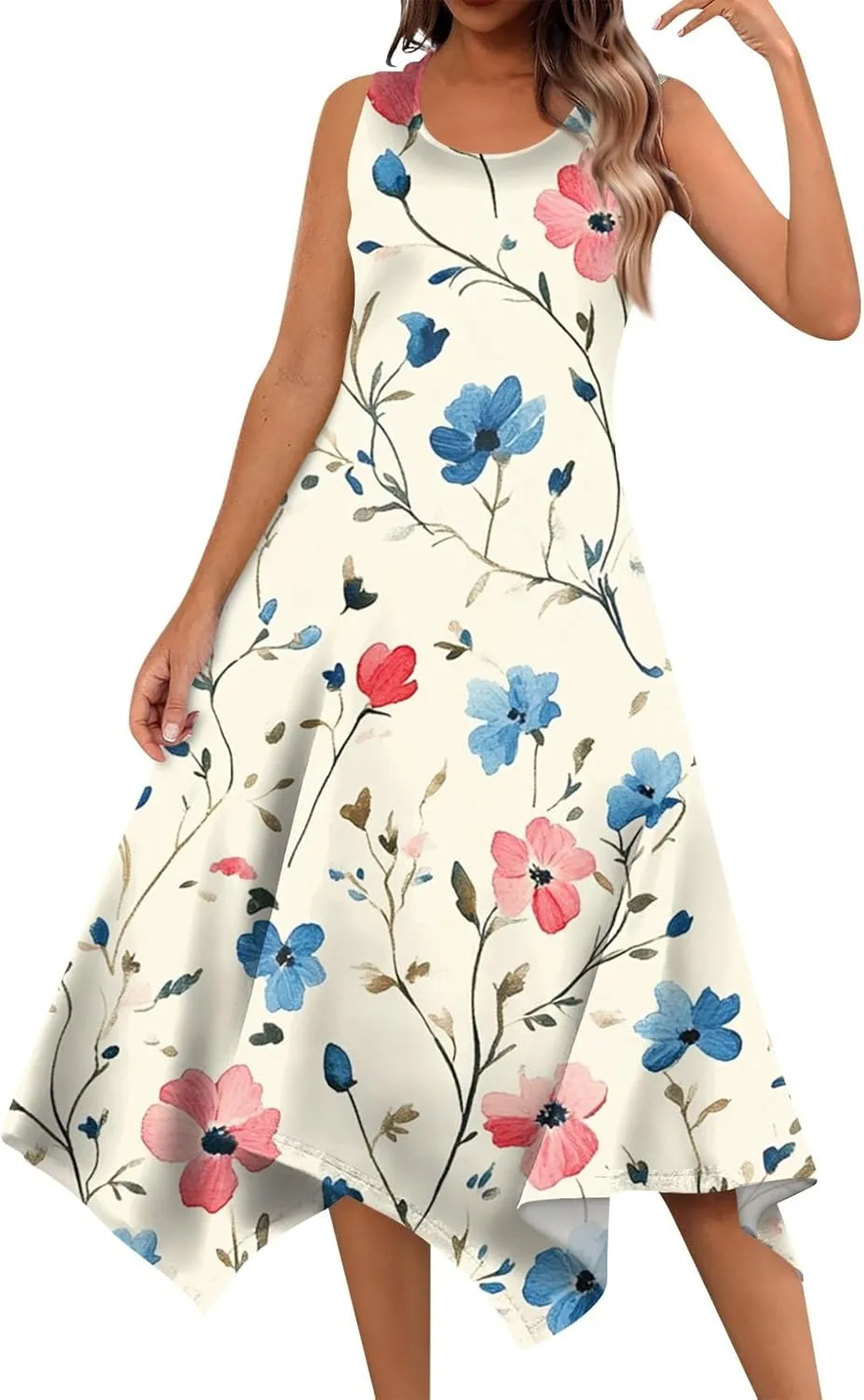 Sundresses for Women Summer Floral Sleeveless Tank Dress Flowy Swing Beach Vacation Garden Party Knee Length Dress