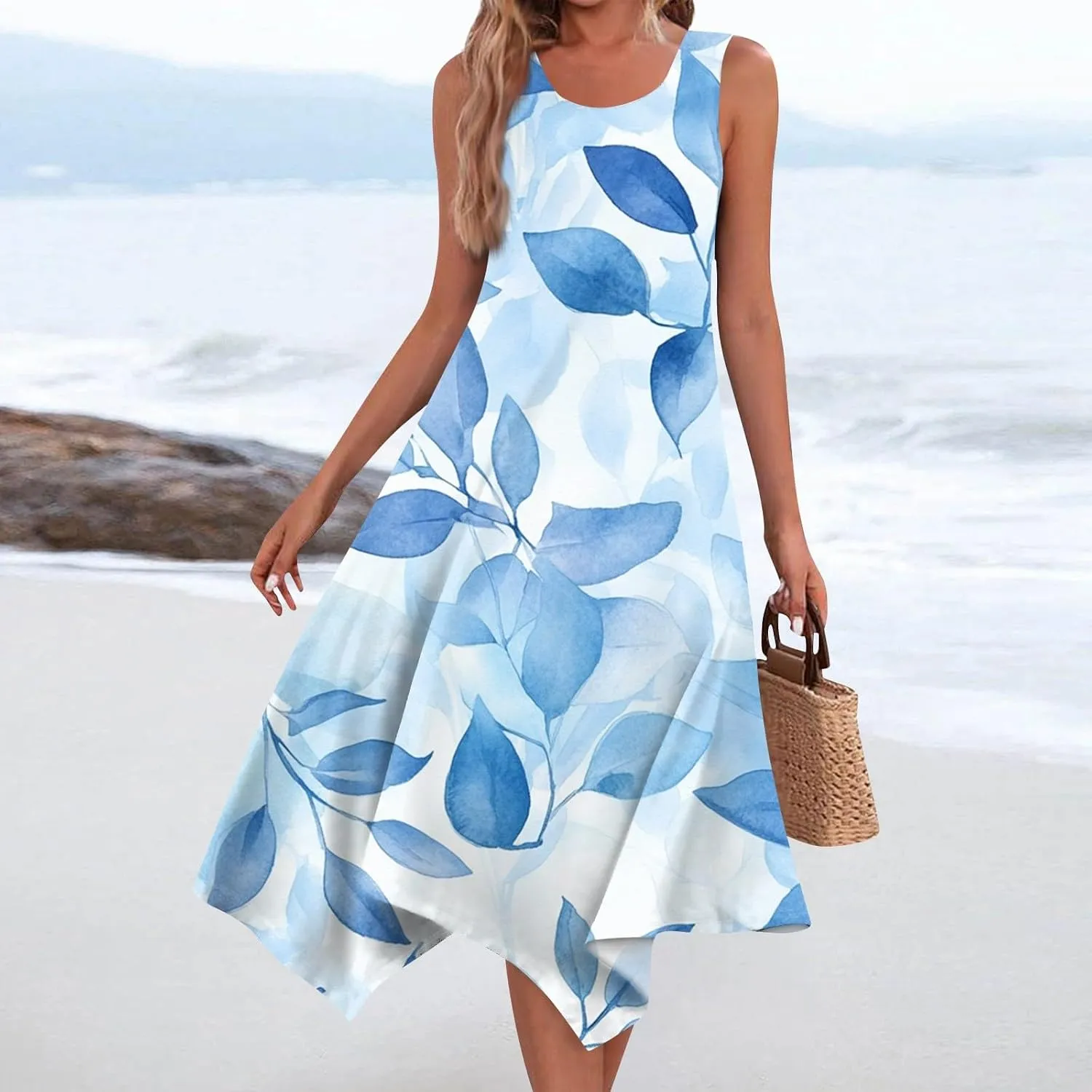 Sundresses for Women Summer Floral Sleeveless Tank Dress Flowy Swing Beach Vacation Garden Party Knee Length Dress