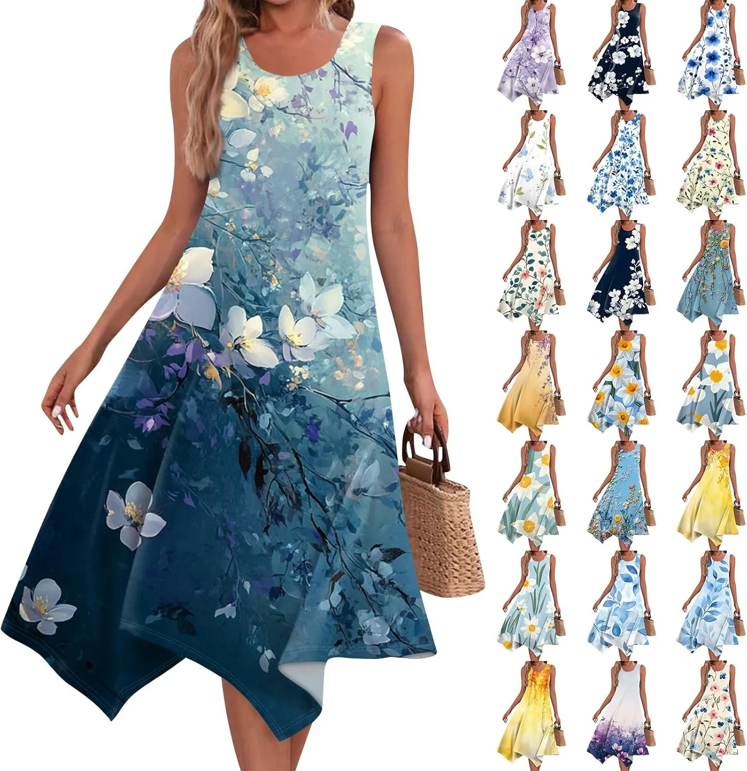 Sundresses for Women Summer Floral Sleeveless Tank Dress Flowy Swing Beach Vacation Garden Party Knee Length Dress