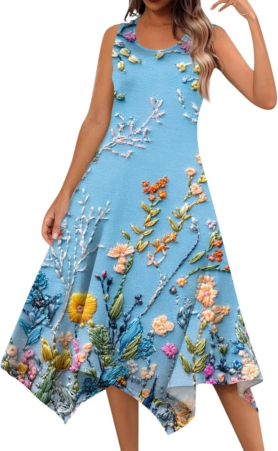 Sundresses for Women Summer Floral Sleeveless Tank Dress Flowy Swing Beach Vacation Garden Party Knee Length Dress