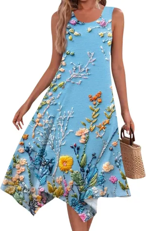 Sundresses for Women Summer Floral Sleeveless Tank Dress Flowy Swing Beach Vacation Garden Party Knee Length Dress