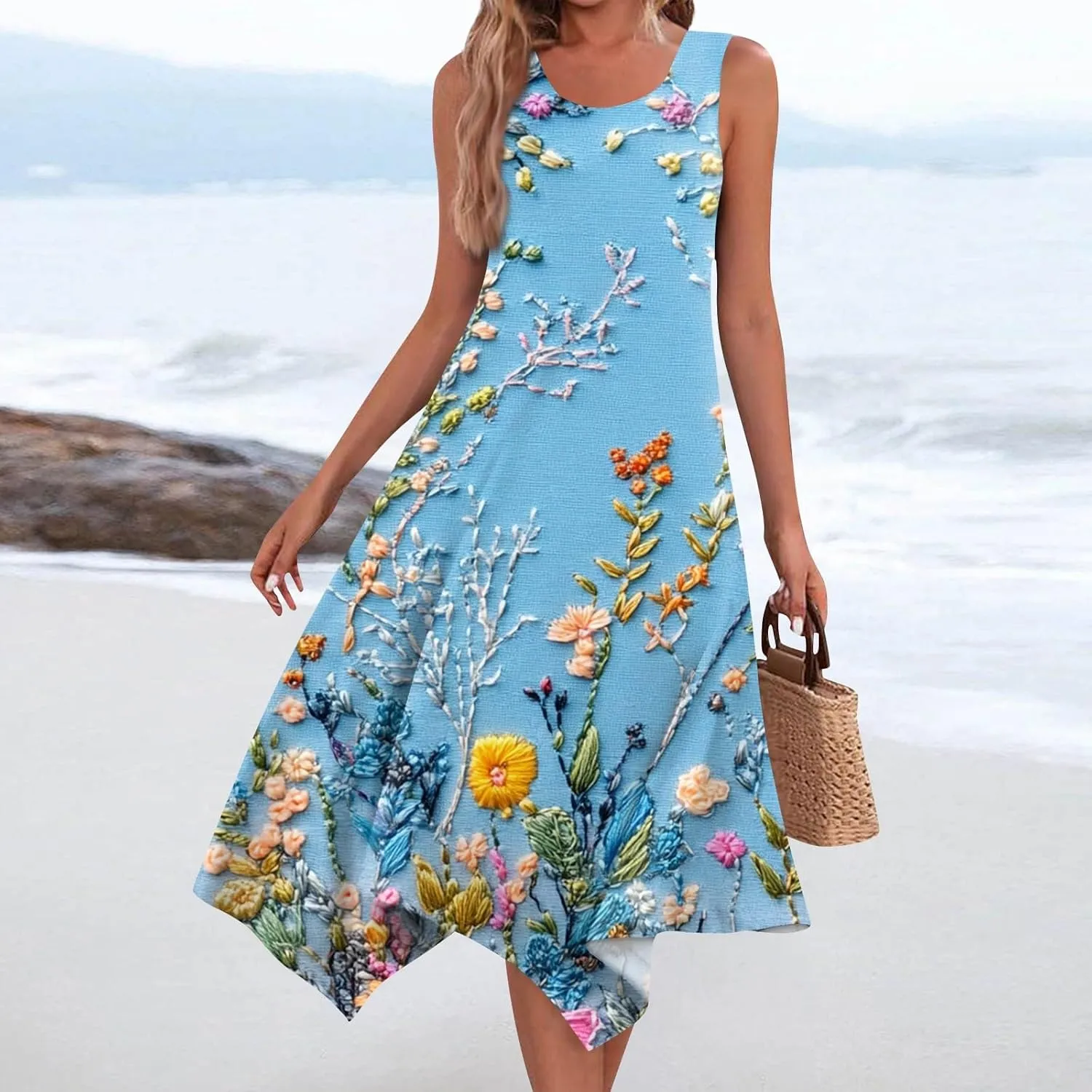 Sundresses for Women Summer Floral Sleeveless Tank Dress Flowy Swing Beach Vacation Garden Party Knee Length Dress