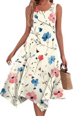 Sundresses for Women Summer Floral Sleeveless Tank Dress Flowy Swing Beach Vacation Garden Party Knee Length Dress