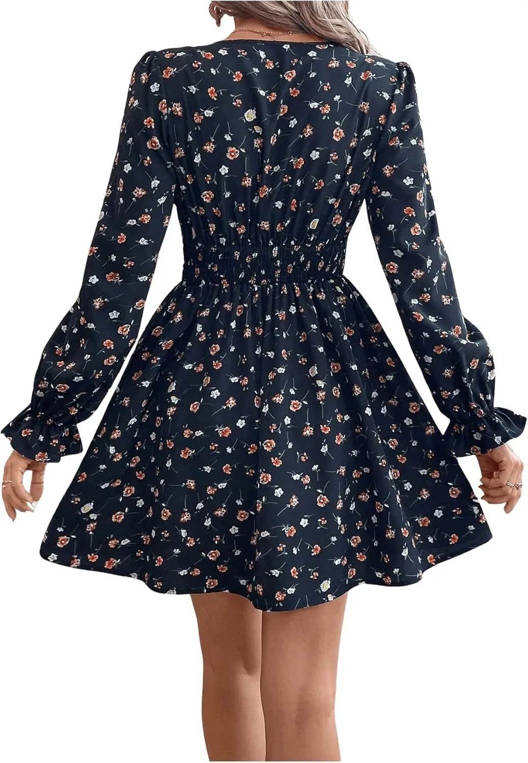 SweatyRocks Women's Bow Floral Mini Dress Low Cut V Neck Ruffle Long Sleeve A Line Dresses
