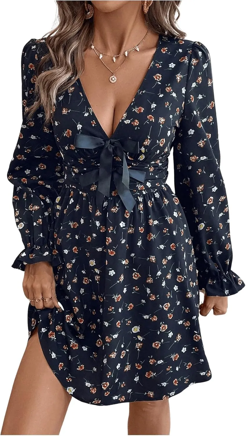 SweatyRocks Women's Bow Floral Mini Dress Low Cut V Neck Ruffle Long Sleeve A Line Dresses
