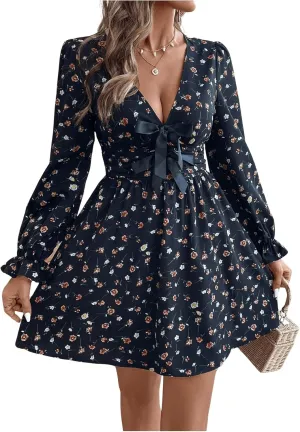 SweatyRocks Women's Bow Floral Mini Dress Low Cut V Neck Ruffle Long Sleeve A Line Dresses