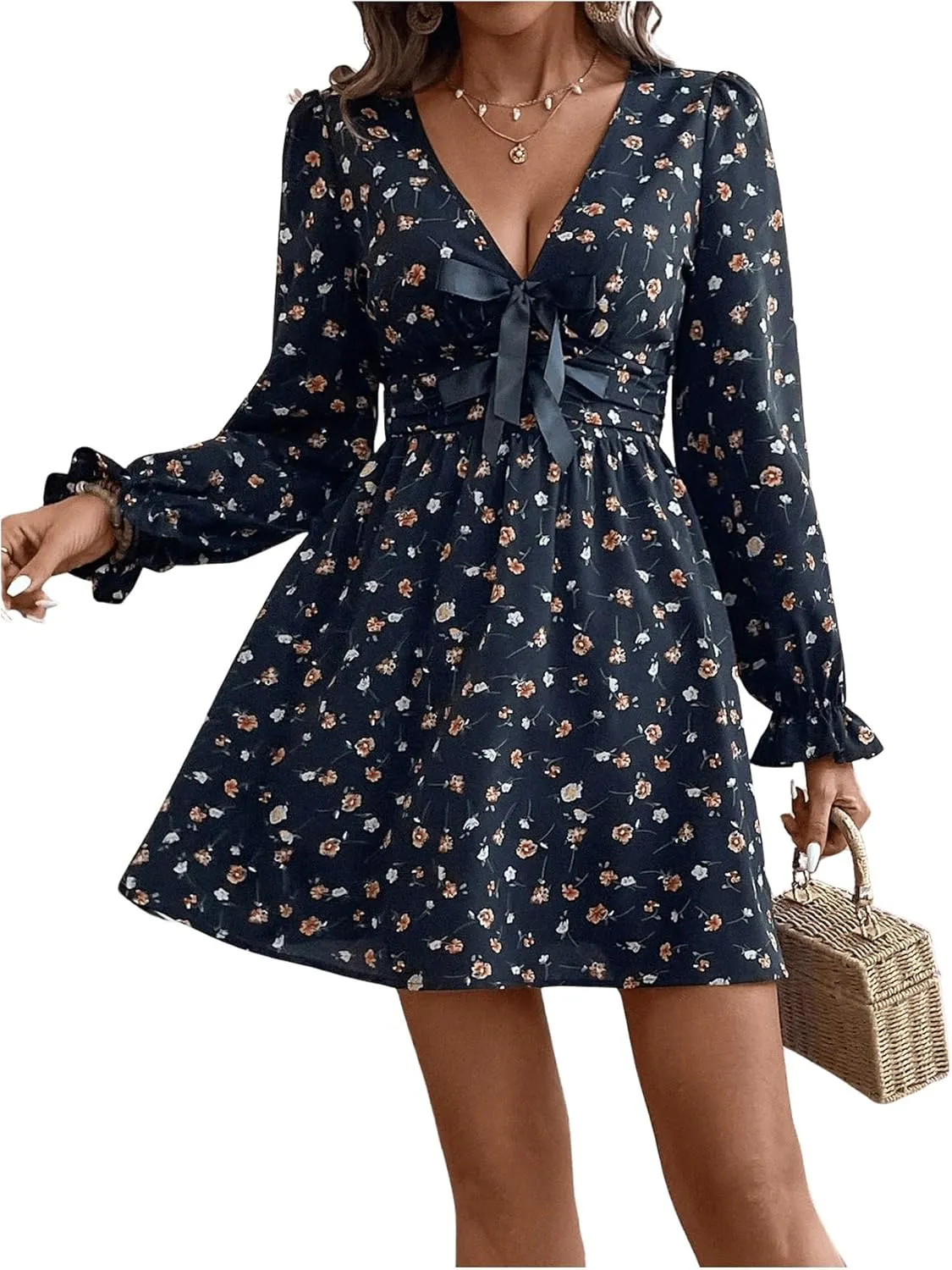 SweatyRocks Women's Bow Floral Mini Dress Low Cut V Neck Ruffle Long Sleeve A Line Dresses
