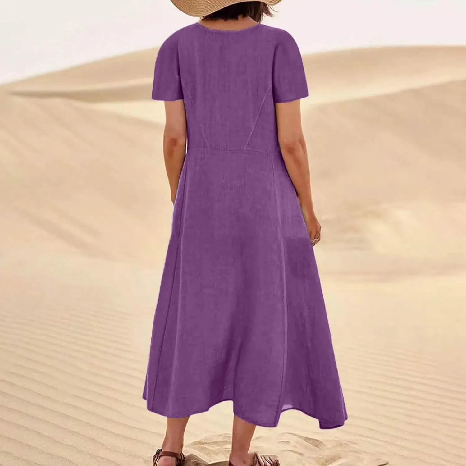 Swing Dresses for Women 2025 Summer Casual Short Sleeve Cotton Linen Dress Loose Ruffle Flowy Maxi Dress with Pockets