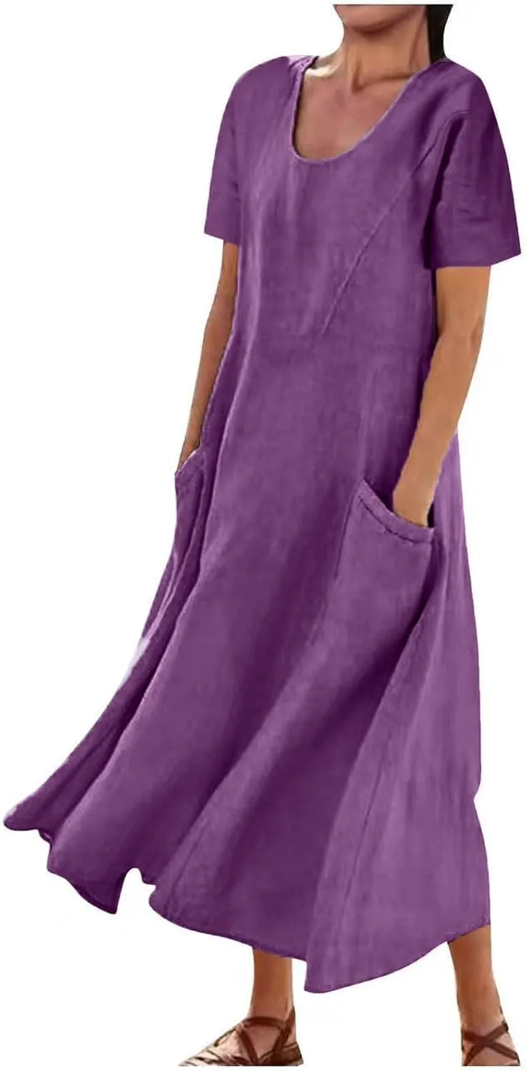 Swing Dresses for Women 2025 Summer Casual Short Sleeve Cotton Linen Dress Loose Ruffle Flowy Maxi Dress with Pockets